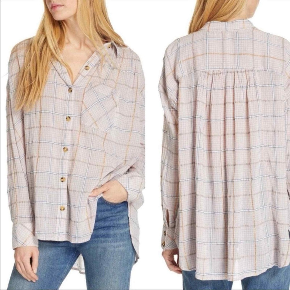 Free People Break My Stride Plaid Metallic Shirt Size Small